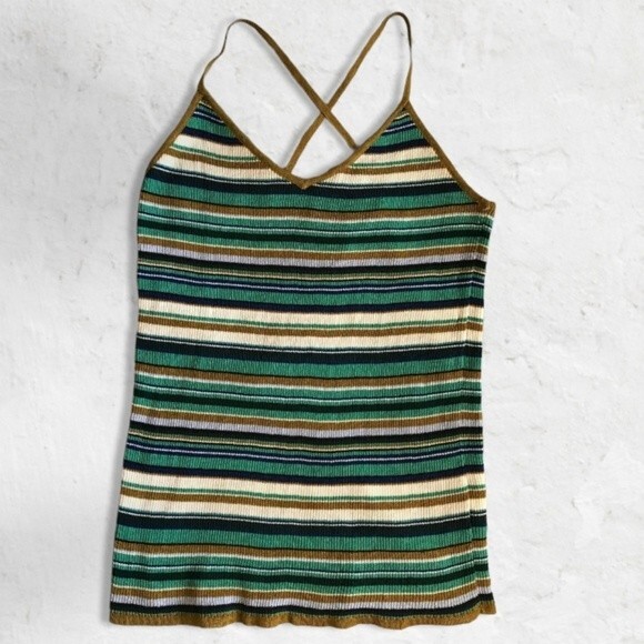 H&M Ribbed Cross Cross V-Neck Tank Top Gold Green Navy White Women's Size Large - Picture 1 of 4